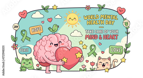 A cheerful and cute doodle of a brain and heart promoting self-care and emotional wellness