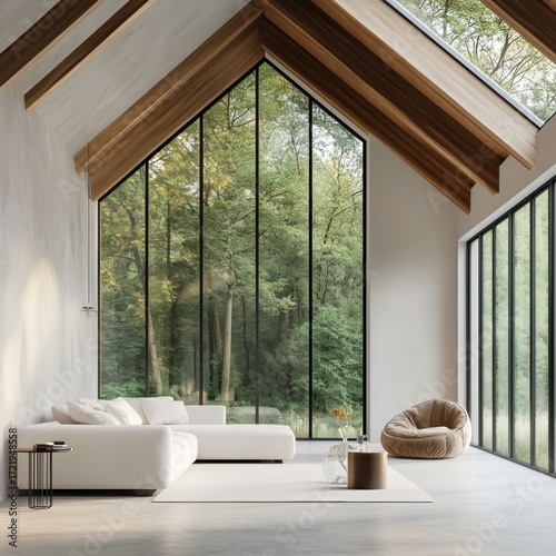 Bright Modern Living Space With Large Windows and Nature View in a Serene Set...