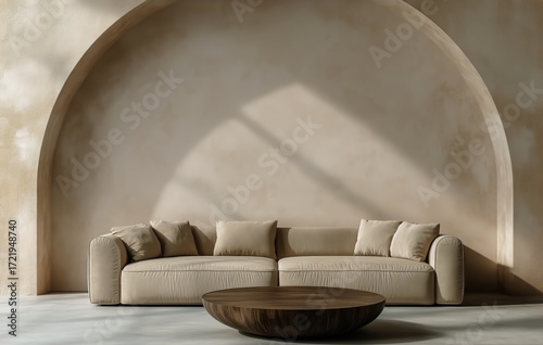 Minimalist Living Room With Curved Wall and Elegant Furnishings in Soft Earth...