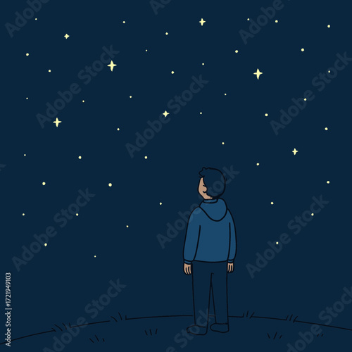 Minimalist Starry Night Illustration with Person Watching Sky
