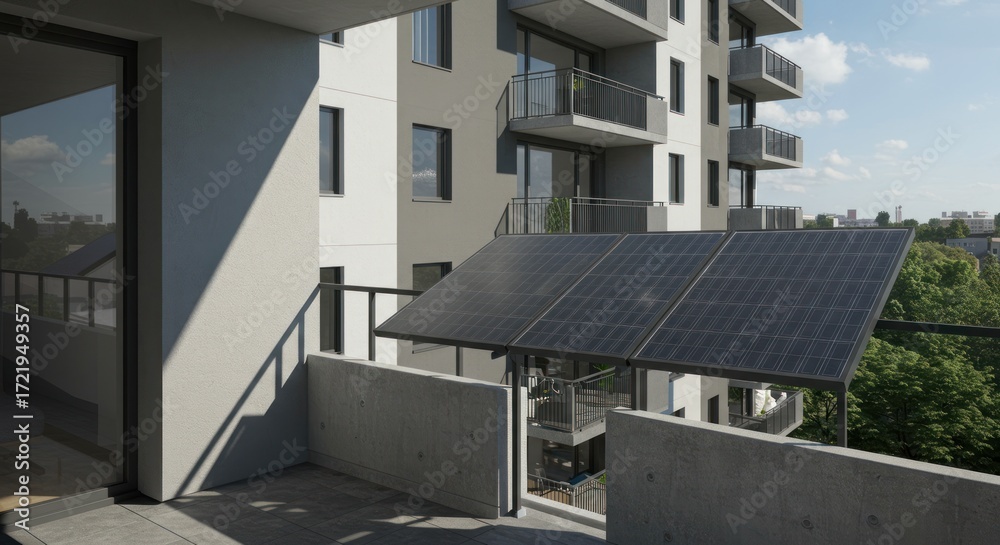 Fototapeta premium Balcony with solar panels on apartment building exterior