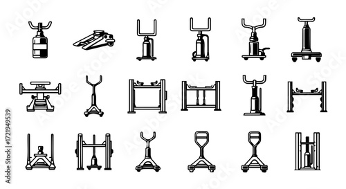 Set of car jack and stand icons for automotive repair service. Pixel art collection of vehicle lifting equipment