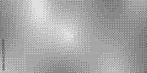 Bitmap pixelated grunge gradient texture. Black and white dither pattern wallpaper. Abstract glitchy pattern. 8 bit video game background. Wide raster backdrop. Retro pixel art Illustration. Vector