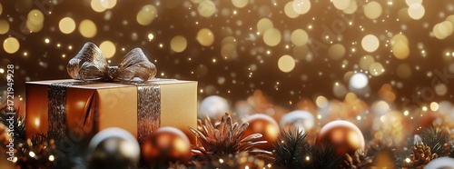 Golden Gift Box Surrounded by Festive Decorations and Shimmering Lights