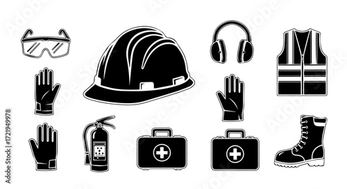 A comprehensive collection of monochrome vector icons representing essential personal protective equipment and workplace safety gear for industry and construction