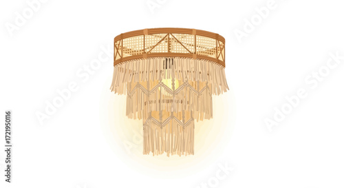 Boho-chic chandelier with macrame fringe and woven rattan texture