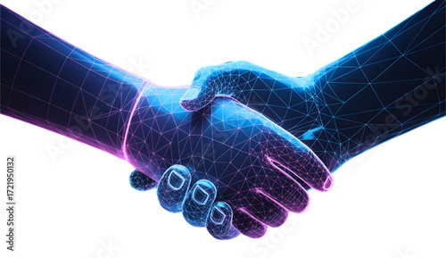 Futuristic handshake symbolizing trust, alliance, and cooperation in the digital age, conveying success and partnership with network design elements