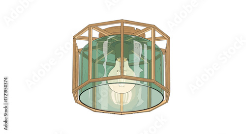 Detailed illustration showcasing a geometric frame light fixture with bulb