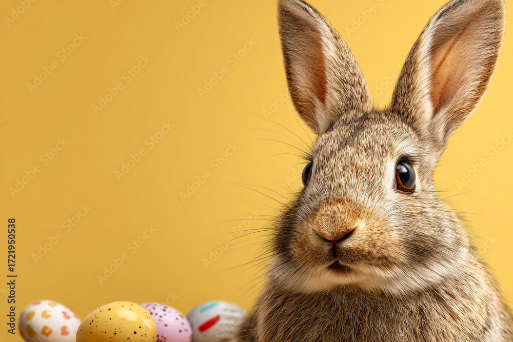 Obraz premium Cute Easter bunny with decorated eggs on yellow background