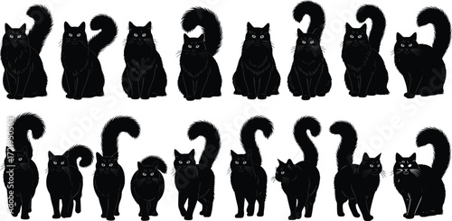 Black cat pattern, cartoon feline illustration, stylized animal design, cute whiskers, walking pose, sitting cat, blue outline, seamless artwork