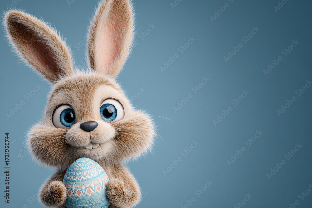 Obraz premium Cute fluffy bunny holding a decorated Easter egg against a blue background