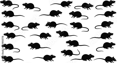 Black rat silhouette pattern, rodent grid design, animal repetition, pest control concept, side profile rats, vector illustration, seamless layout