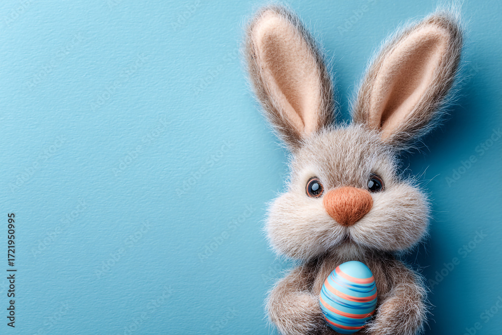 Obraz premium Cute fluffy bunny holding a decorated Easter egg on blue background