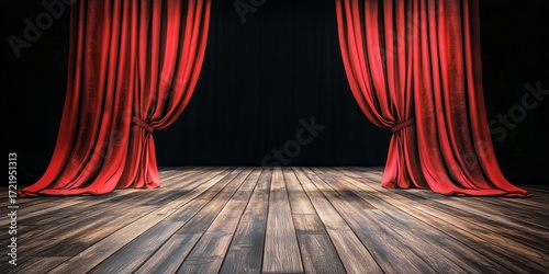 Stage is Set With Red Curtains in a Theater Ready for a Performance at Night