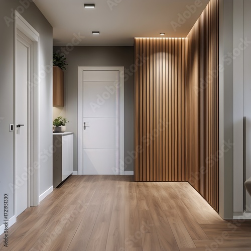 Modern Entryway Design Featuring Warm Wood Accents and Minimalistic Decor in ...