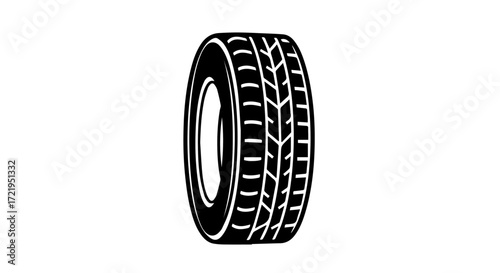 Minimalist monochrome illustration of an automotive wheel, showcasing the tire tread for vehicle maintenance, transport safety, and garage service symbols