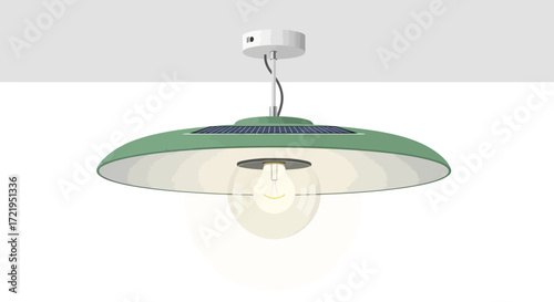 Illustration of a solar-powered pendant light fixture with green lampshade