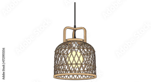 Illustration of a modern pendant lamp with woven rattan lampshade