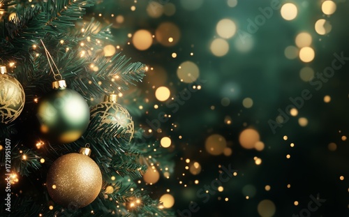Decorated Christmas Tree With Golden Ornaments and Soft Glowing Lights Agains...