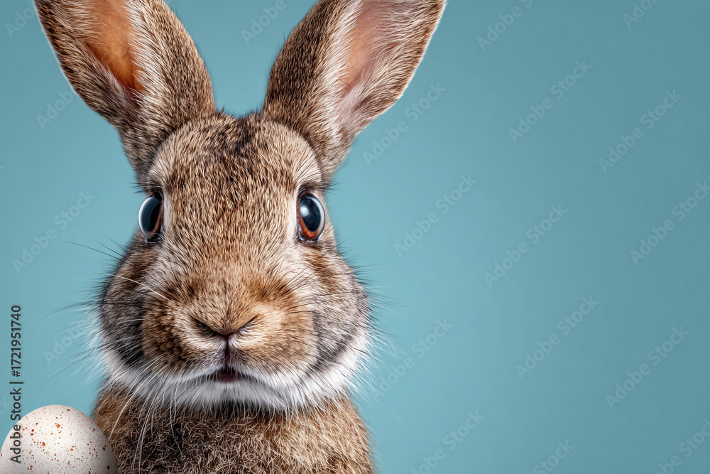 Fototapeta premium Cute brown bunny rabbit with speckled egg Easter theme