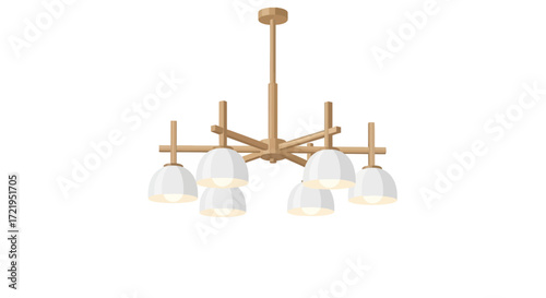 Modern chandelier design with wooden frame and six white lampshades
