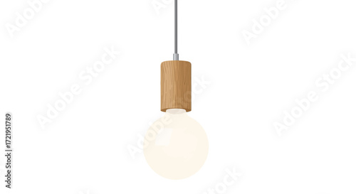 Modern light bulb design with natural wood grain accent suspended