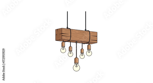 Modern rustic light fixture with wooden beam and five suspended bulbs