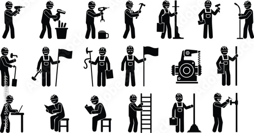 Construction worker icons, labor silhouettes, industrial tasks, maintenance tools, safety gear, hard hat, wrench, hammer, drill, ladder, mop, broom, paint, pipe, toolbox, flag, laptop