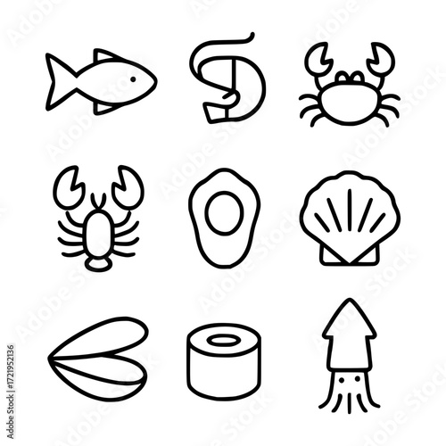 Seafood outline Icon Set. containing fish, shrimp, crab, lobster, oyster, scallop, mussel, sushi
