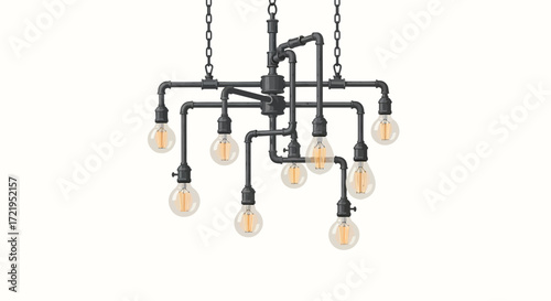 Steampunk inspired light fixture with vintage bulbs suspended from pipes