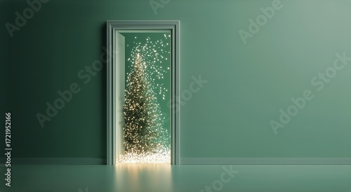 Bright Christmas Tree Shining Through an Open Door in a Cozy Green Room