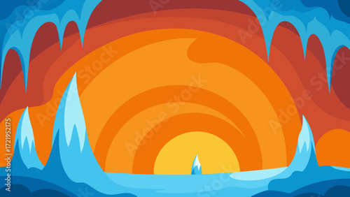 A cartoon vector illustration of a tropical island with a sun and palm trees on a sandy beach
