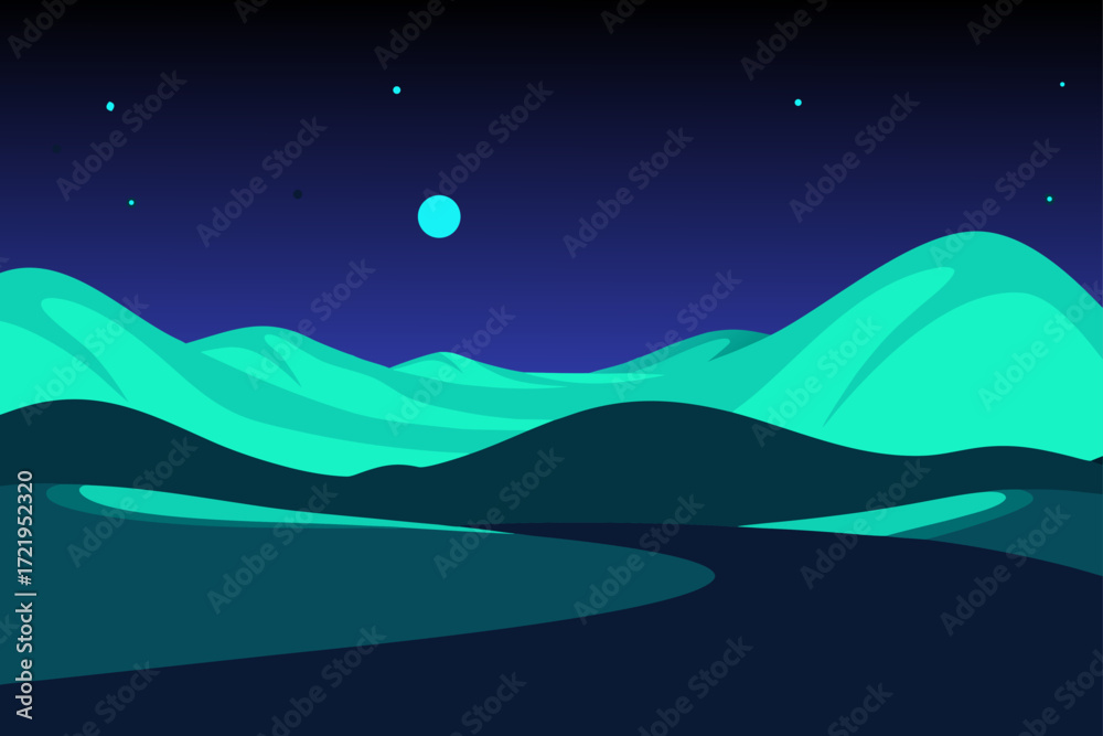 Obraz premium Vector cartoon illustration of a night sea landscape with a glowing moon and stars over a mountain