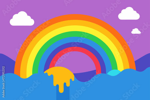 A cartoon rainbow with colorful stripes arches across a bright blue sky filled with fluffy white clouds, with a little rain and an umbrella below