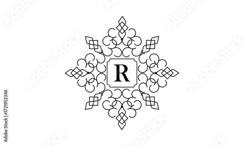 Elegant monogram design with letter R in the center. Vintage emblem or logo. Calligraphic design. Business sign identical to label, icon, cafe, hotel.