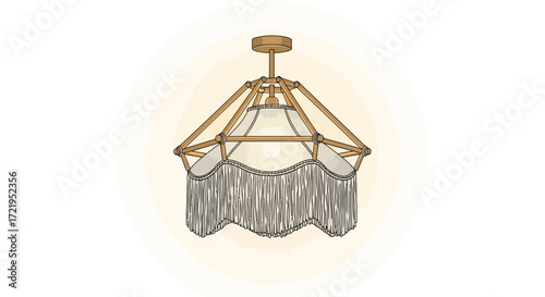 Stylized illustration of a fringed chandelier with intricate wooden frame