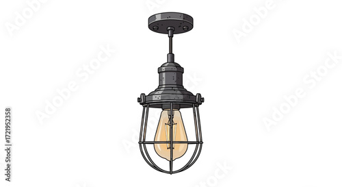 Stylized illustration of an industrial pendant light with cage detail