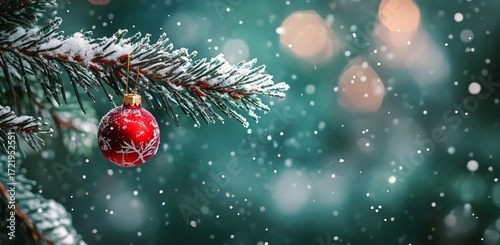 Snowy Christmas Scene With a Red Ornament Hanging on a Pine Tree Branch
