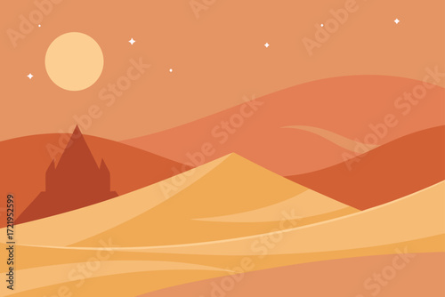 Vector illustration of a desert landscape with pyramids, camels, and a sunset over the sand dunes