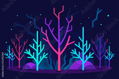 Bright, digital, vector illustration of a tree in the night with sound wave design and exploding stars