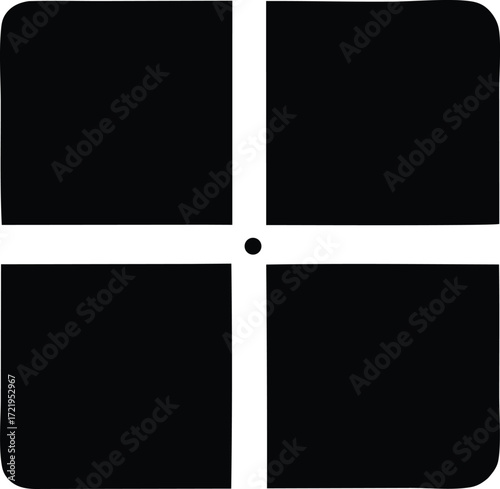 Abstract geometric composition featuring four black squares divided by white lines and a central dot