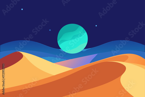 Vector illustration of a desert landscape at sunset with mountains and hills on the horizon