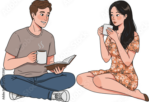 Casual conversation between friends enjoying coffee and reading outdoors, relaxing lifestyle moment with warm drinks, leisure, companionship, and peaceful atmosphere