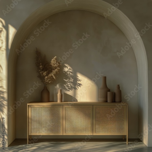 Modern Decor in a Sunlit Room With a Stylish Cabinet and Decorative Vases