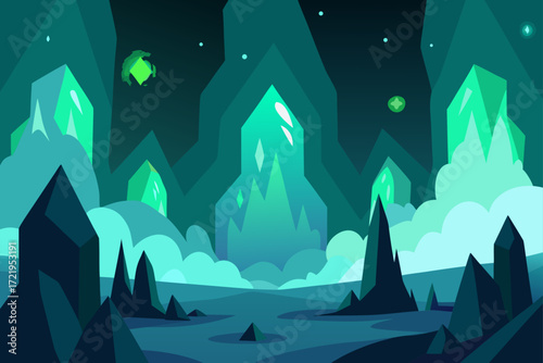 Dark blue winter night landscape with snow-covered mountains, trees, and stars in the sky