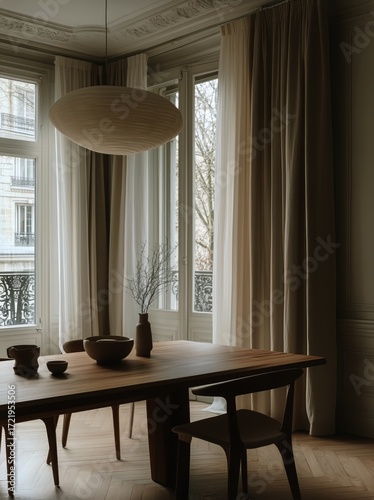 Cozy Dining Area With Wooden Table and Natural Light Through Large Windows in...