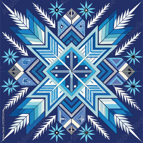 Blue geometric pattern design textile art print image blue geometric