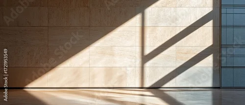 Fototapeta samoprzylepna Diagonal sunlight shadow on beige tiled wall minimalist interior design background