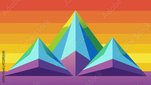 Egyptian landscape with colorful abstract pyramids under a setting sun in the desert