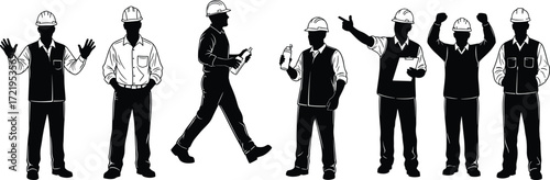 Construction workers, safety helmets, industrial silhouettes, teamwork, engineering, job site, labor force, occupational safety, gesture communication, professional attire, workwear